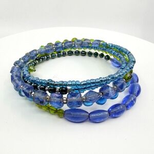Vintage Bohemian Multi Strand Glass Bead Wrap Bracelet Blue Green Y2K Boho